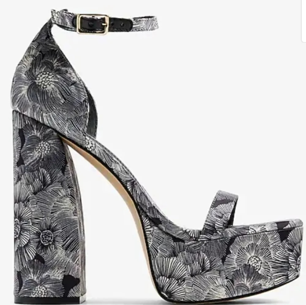 Black & White Floral Platform Heeled Sandals